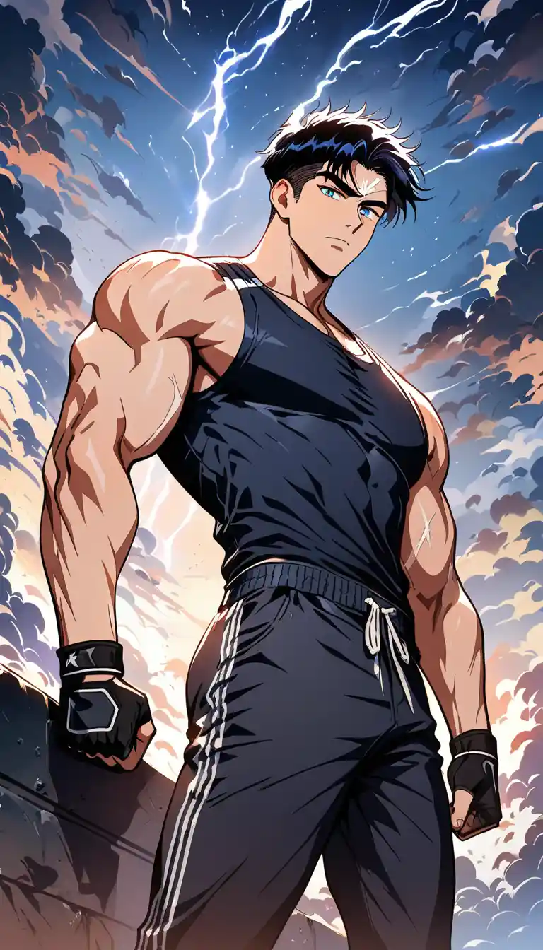 Muscular man standing under a stormy sky in manhwa style