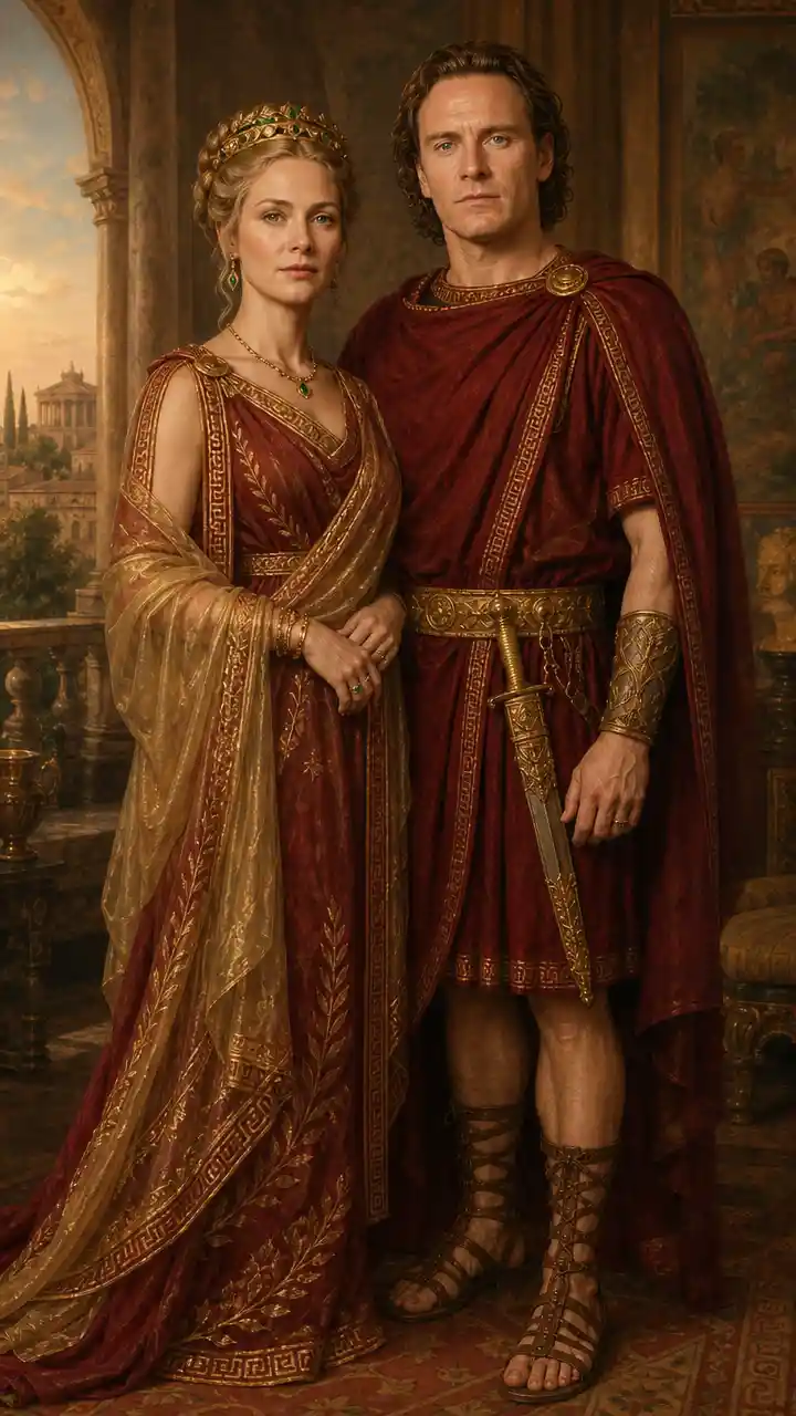 Regal couple on a terrace in an ancient palace setting