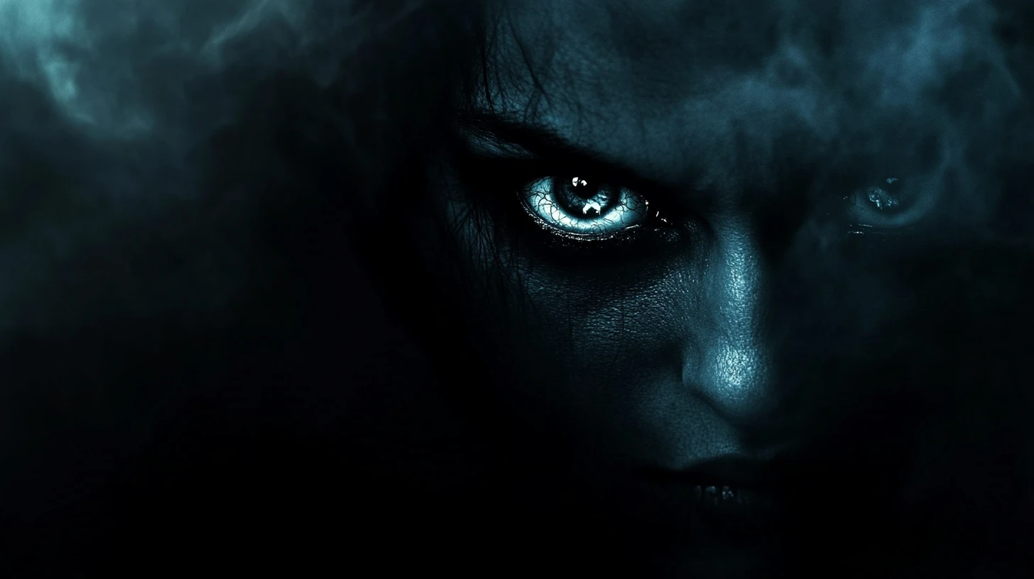 Menacing man emerging from shadows with intense blazing eyes