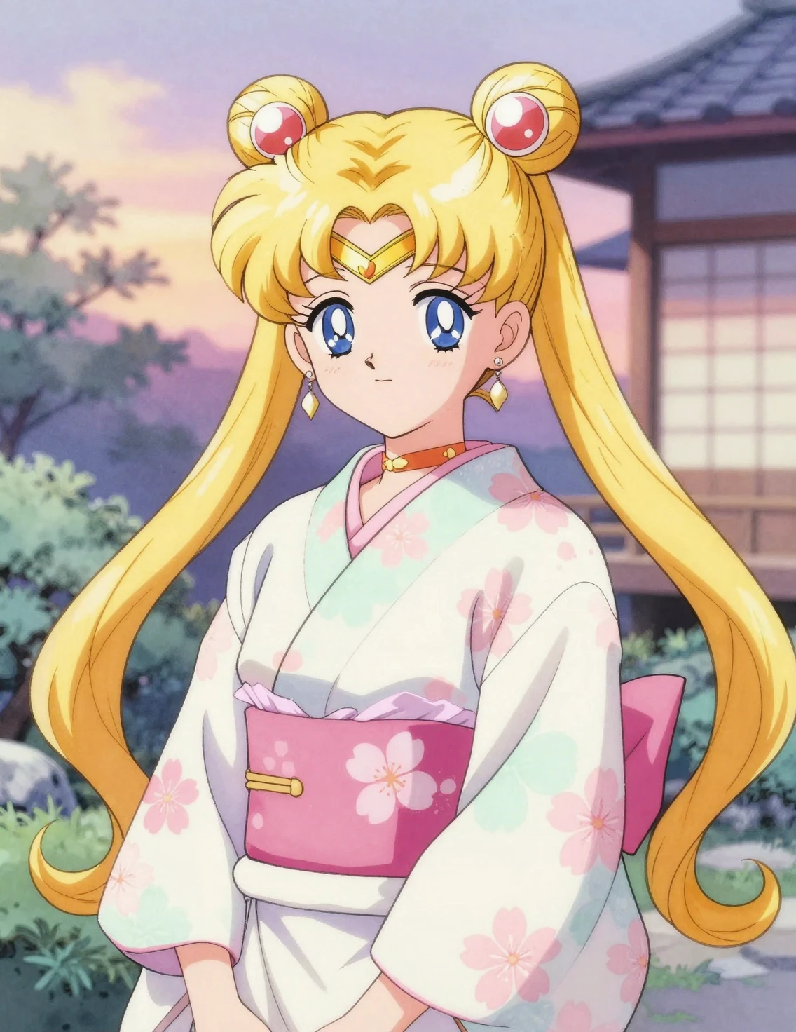 Ragazza anime in yukata floreale in un giardino da sogno