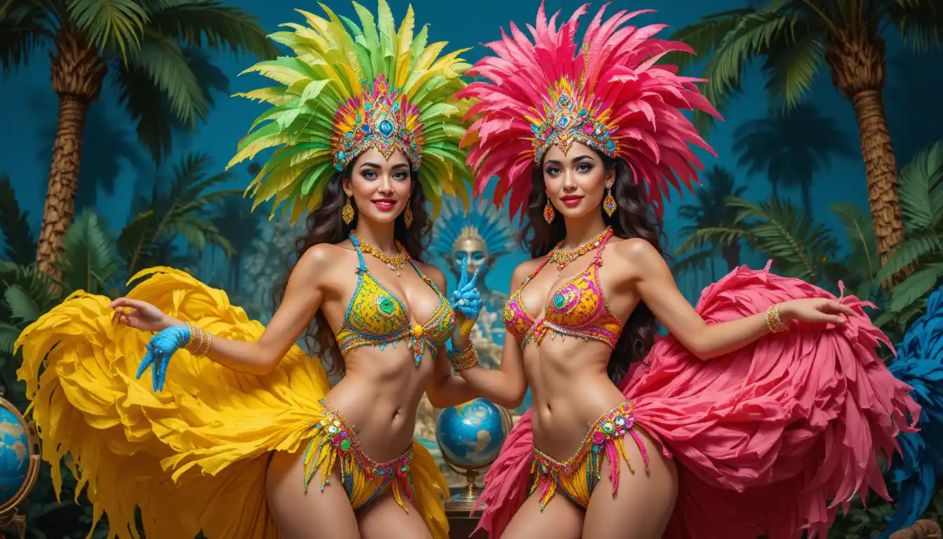 Deux femmes dansant en costumes colorés de carnaval tropical