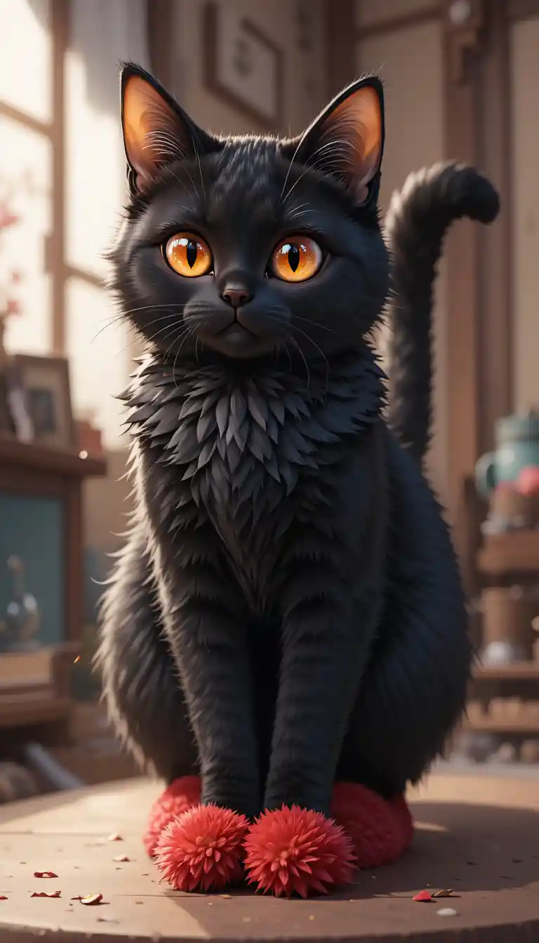 Black anime cat standing upright with bright orange eyes