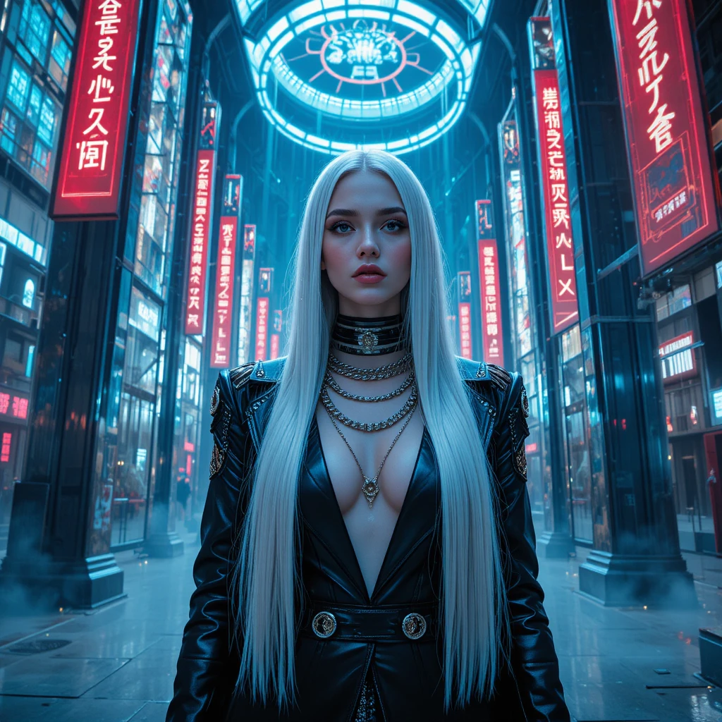 Cyberpunk woman in a futuristic holographic data cathedral