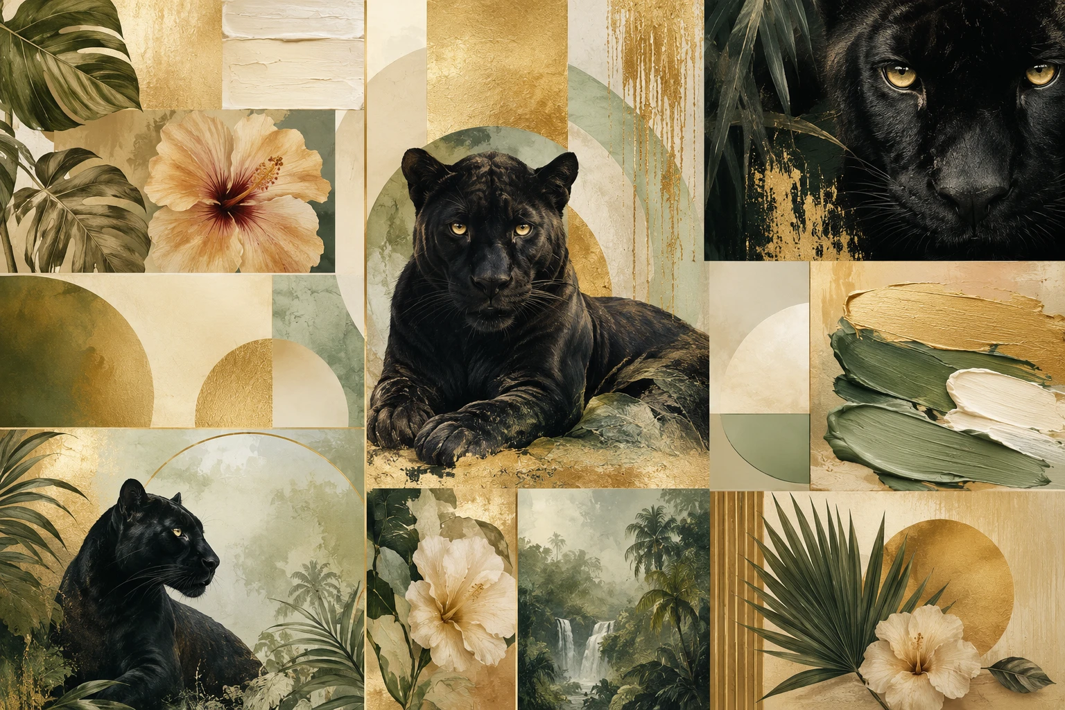 Black panther mood board with jungle florals and gold