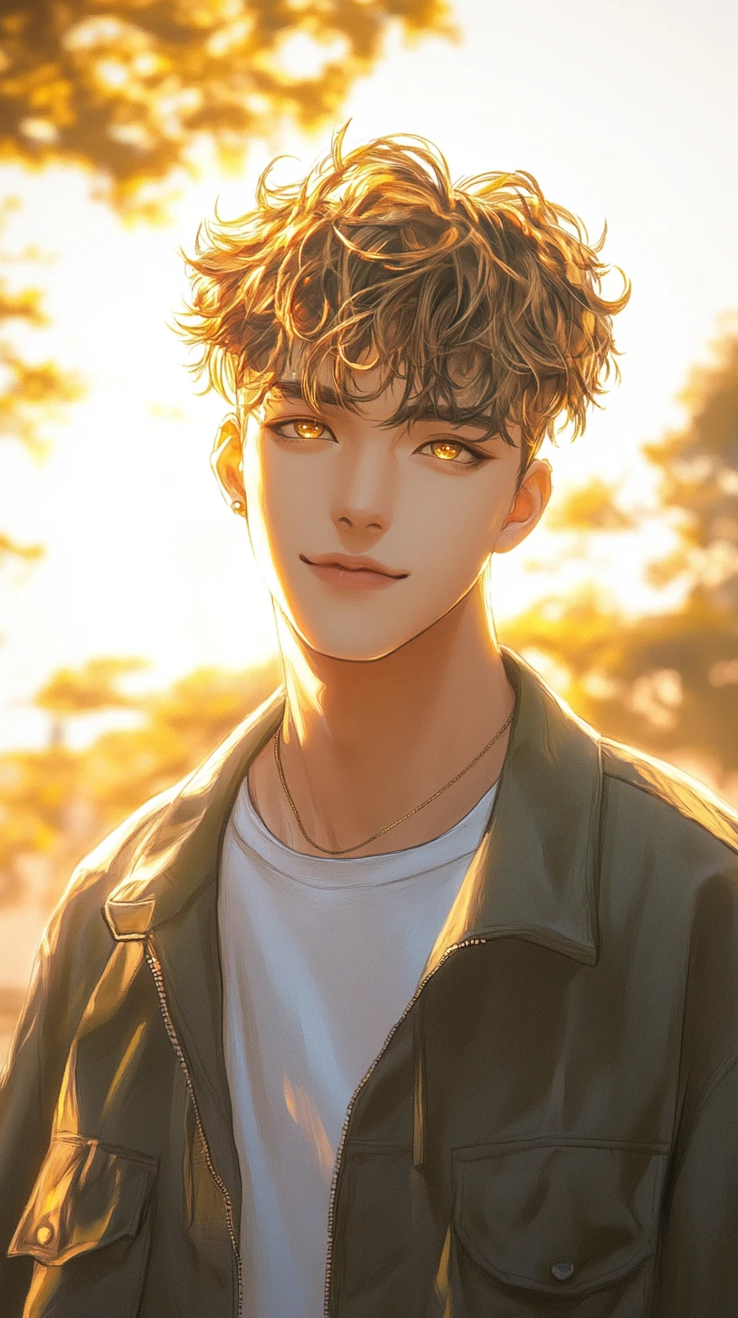 Athletic young man in manhwa style at sunrise outdoors