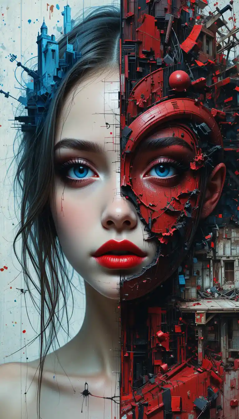 Girl portrait split between blue city and red heart chaos