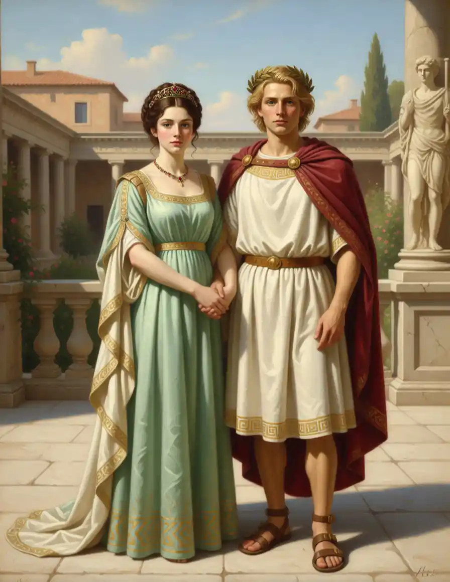 Roman couple on a villa terrace in elegant ancient attire