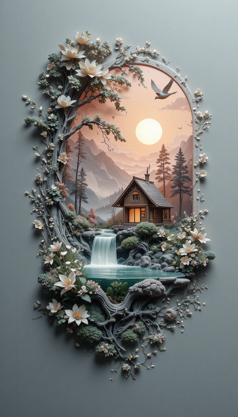 Fantasy house within birch and pine branch above shimmering lake