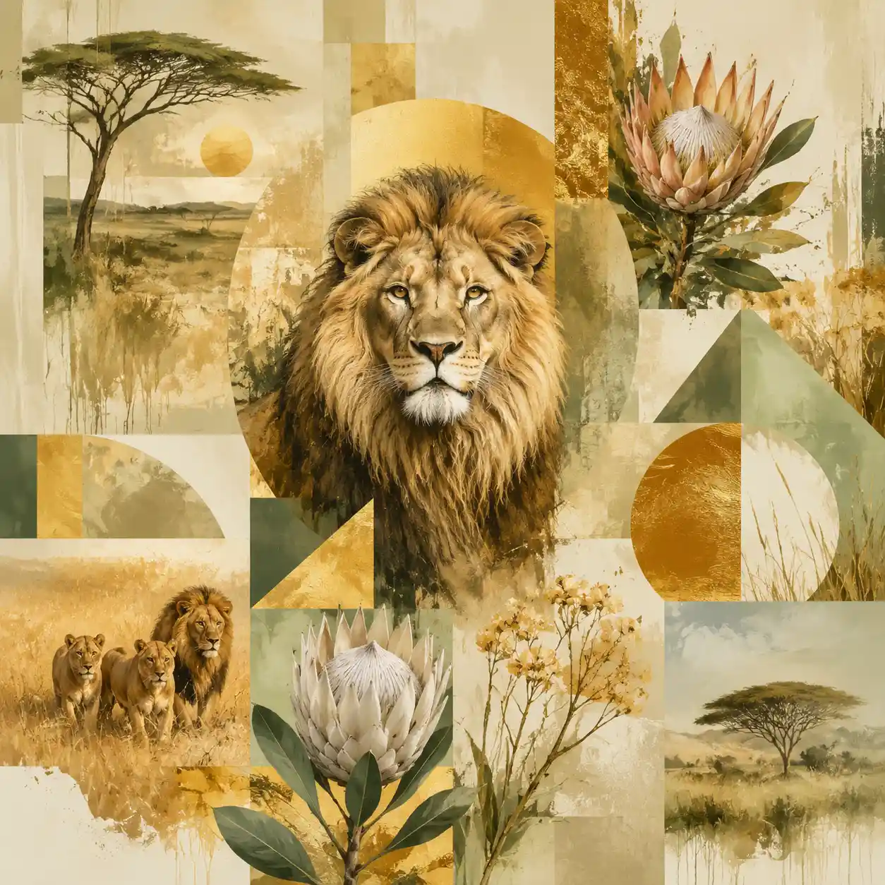 Lion mood board with African savanna and floral elements