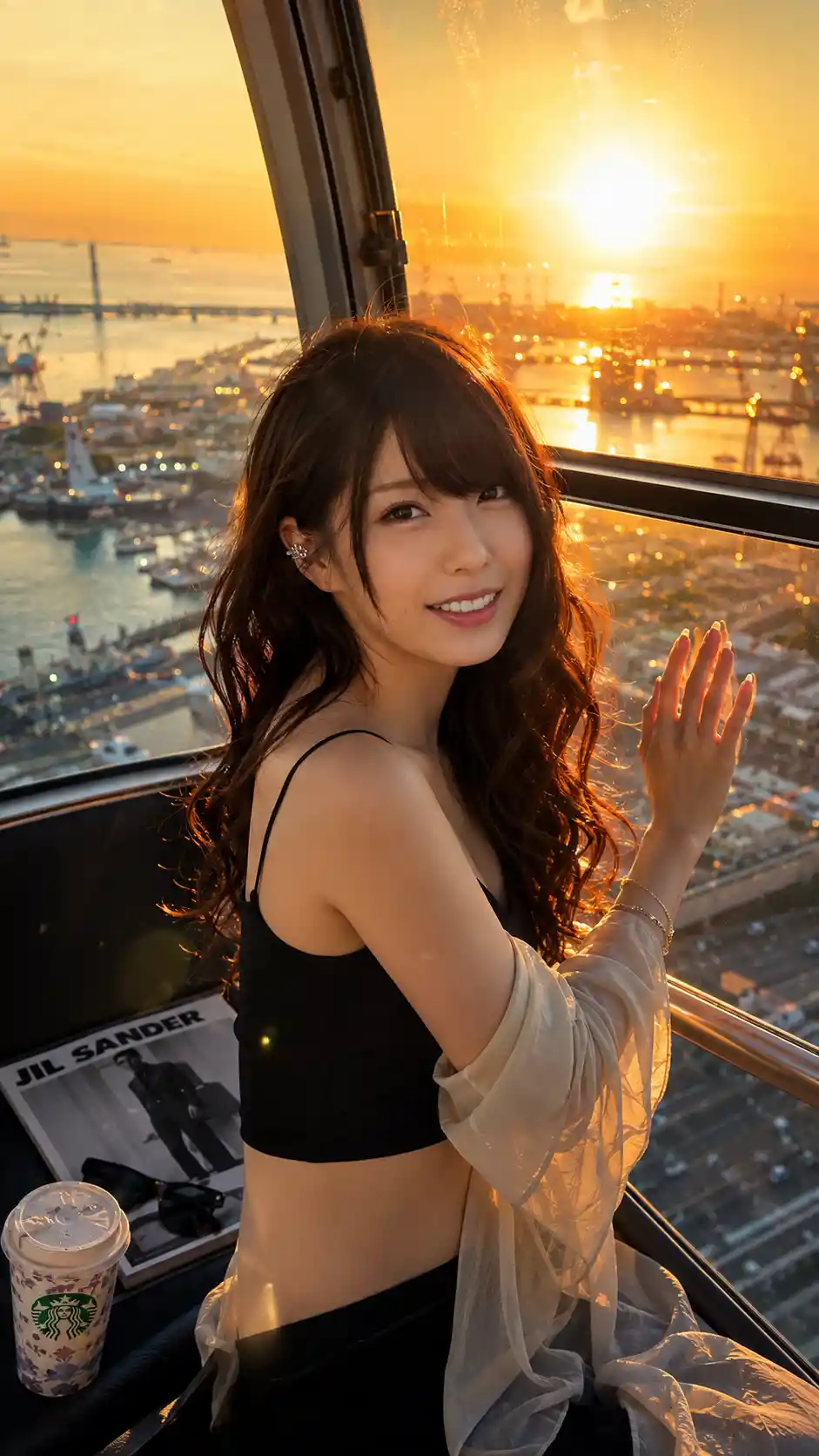 Woman in ferris wheel cabin at sunset over Osaka harbor