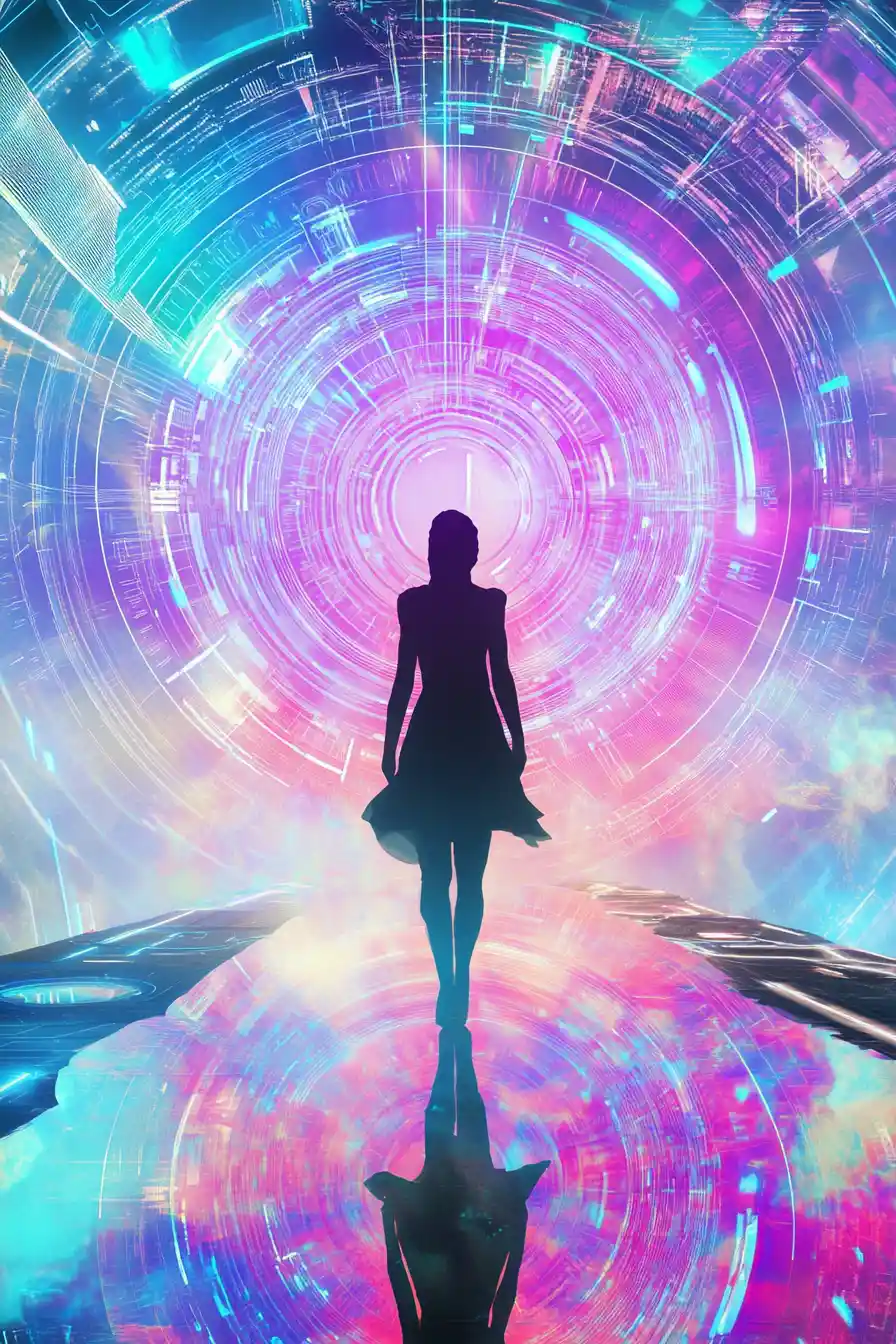 Futuristic woman at the edge of a neon dream realm