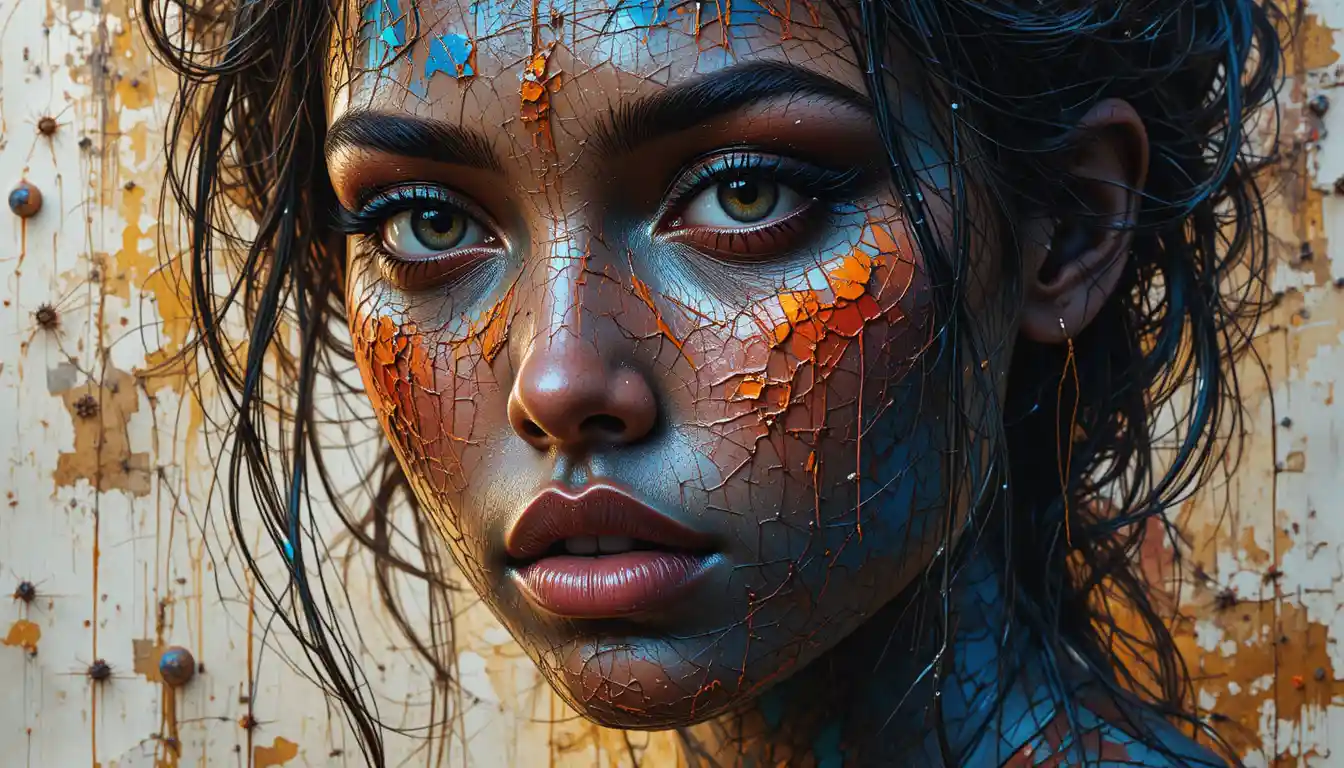Vibrant mixed media close up portrait with rich texture