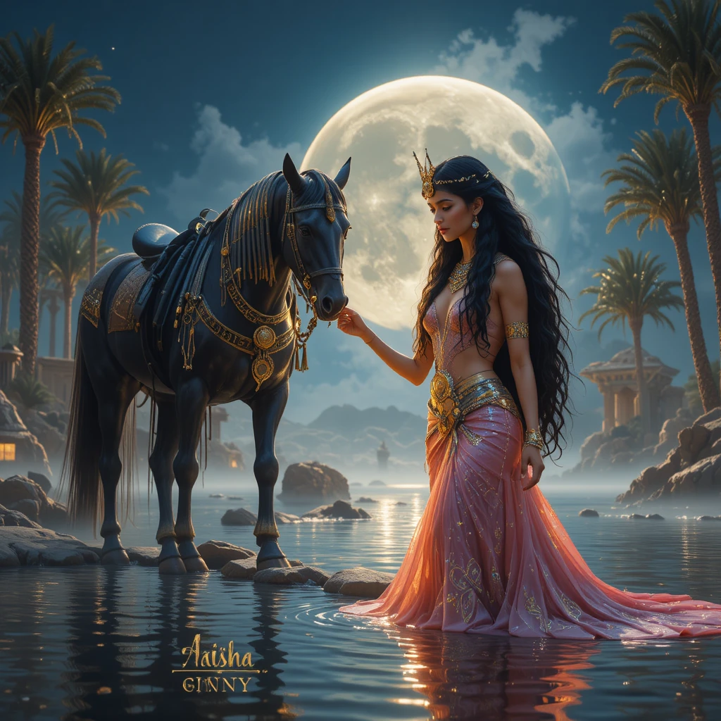 Egyptian queen and black horse at a moonlit oasis