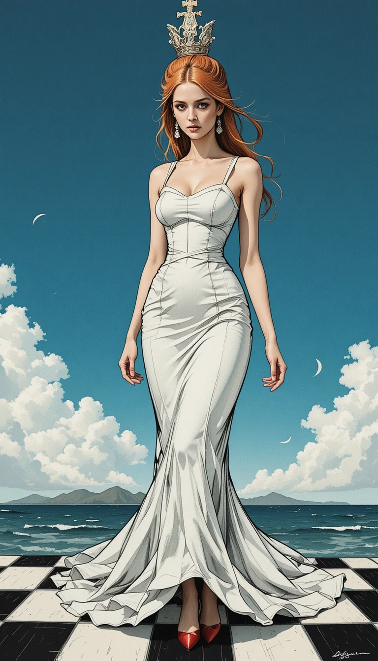 Chess queen with red heels against a breezy seaside backdrop