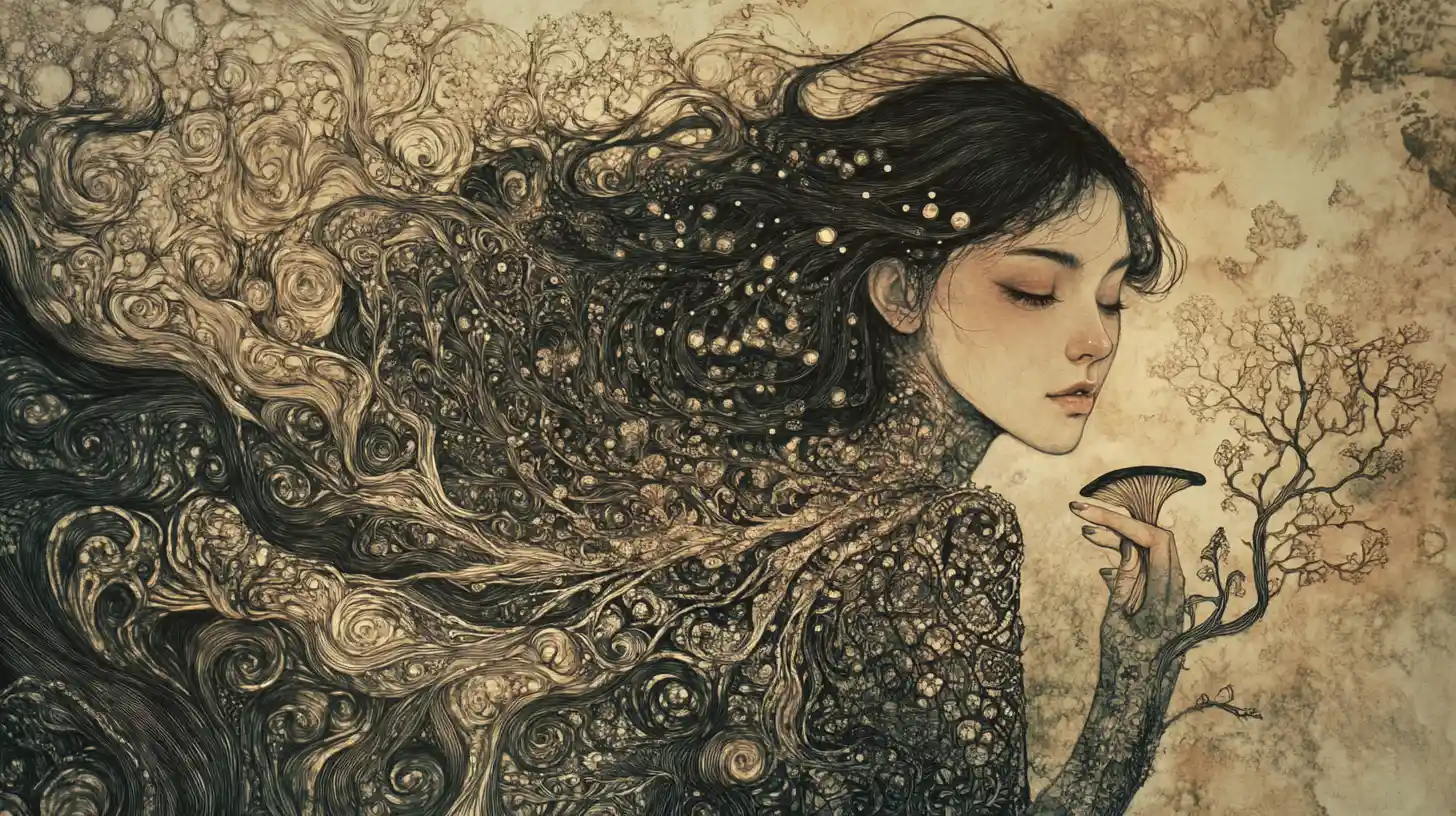 Surreal maiden holding glowing fungi in flowing patchwork gown