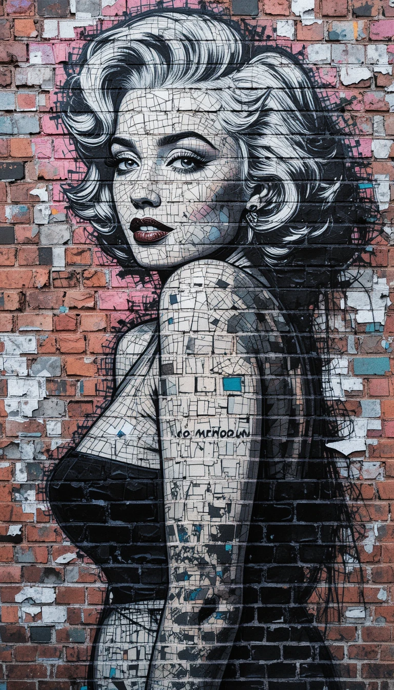 Marilyn Monroe graffiti mosaic on brick wall in pin up pose