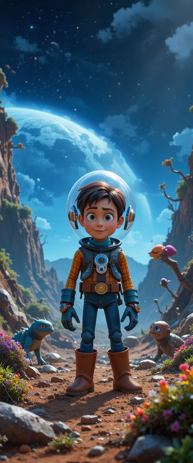 Young boy exploring a wild alien planet with robot