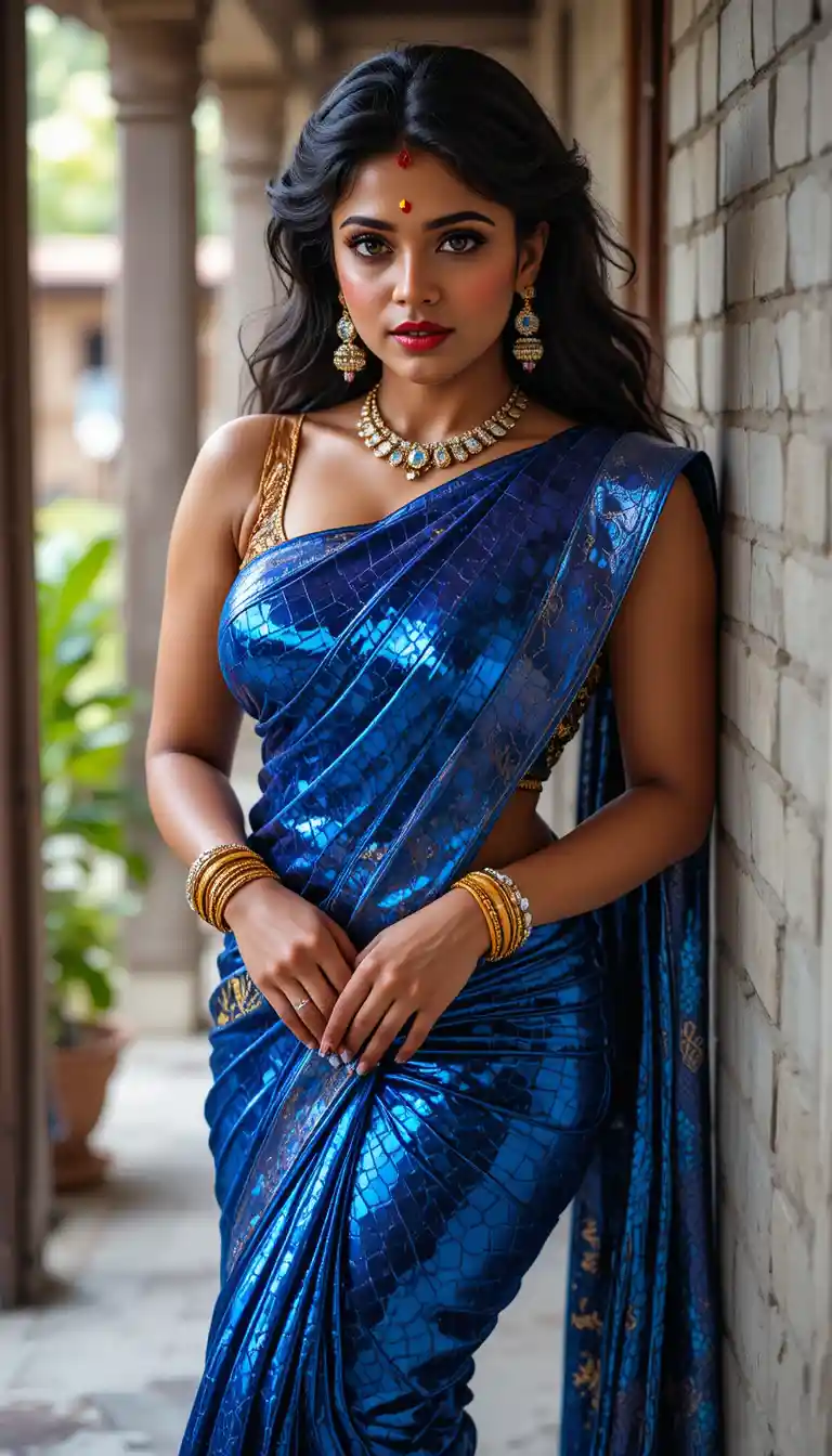 Tamil woman in glossy saree leaning in traditional interior