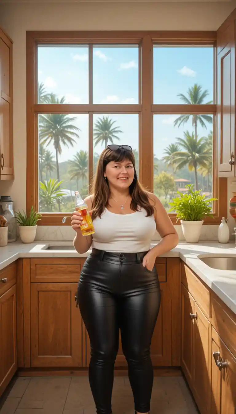 Smiling woman with drink in a bright sunlit kitchen