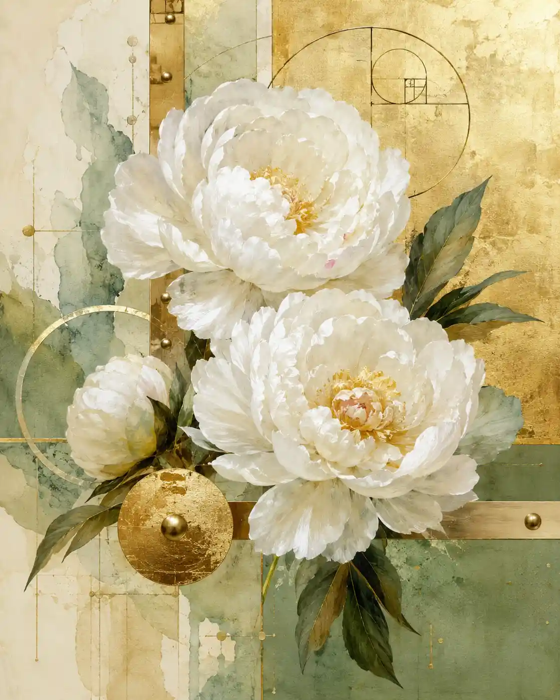 White peonies in mixed media with metallic and math elements