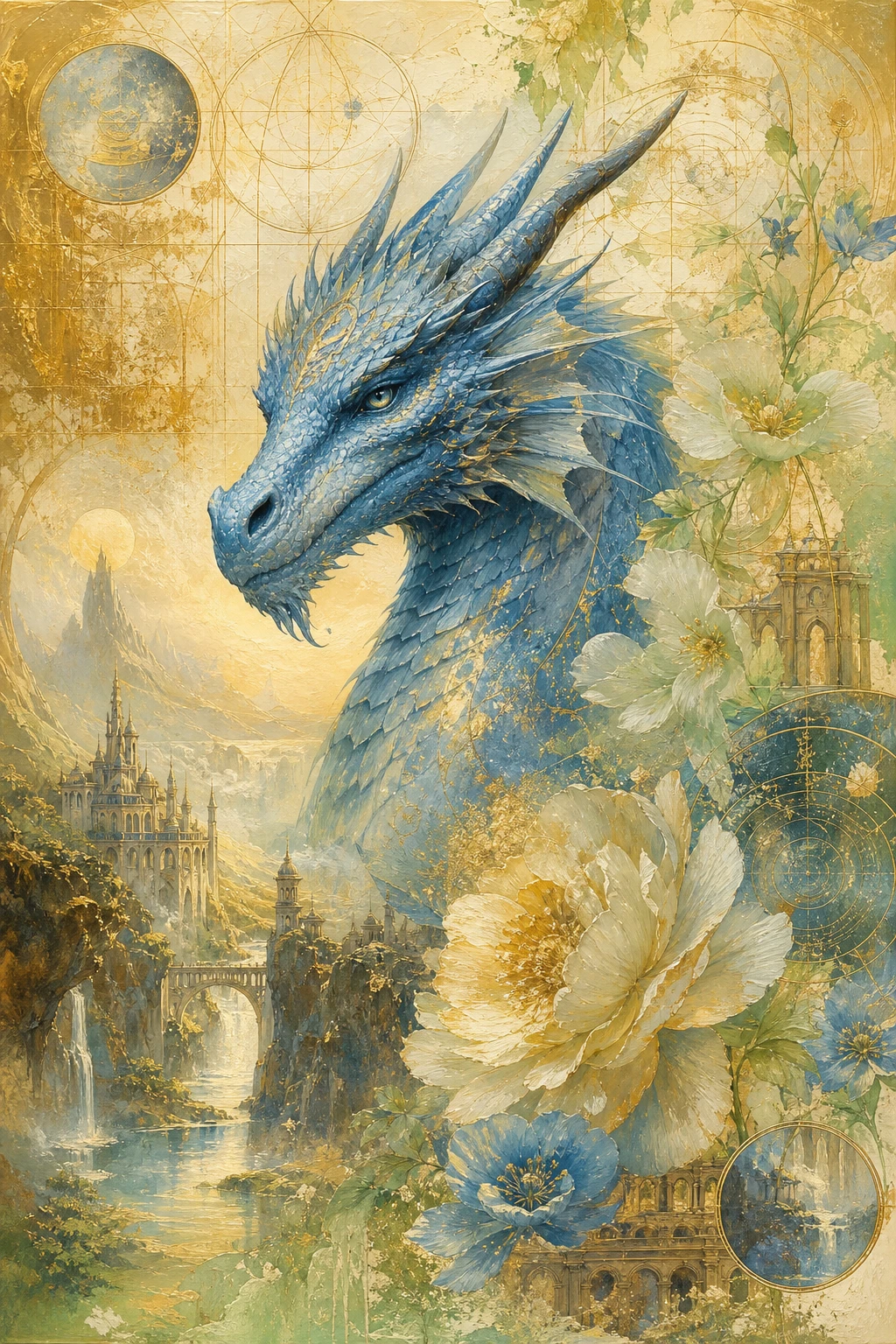 Close up mood board of an azure dragon face