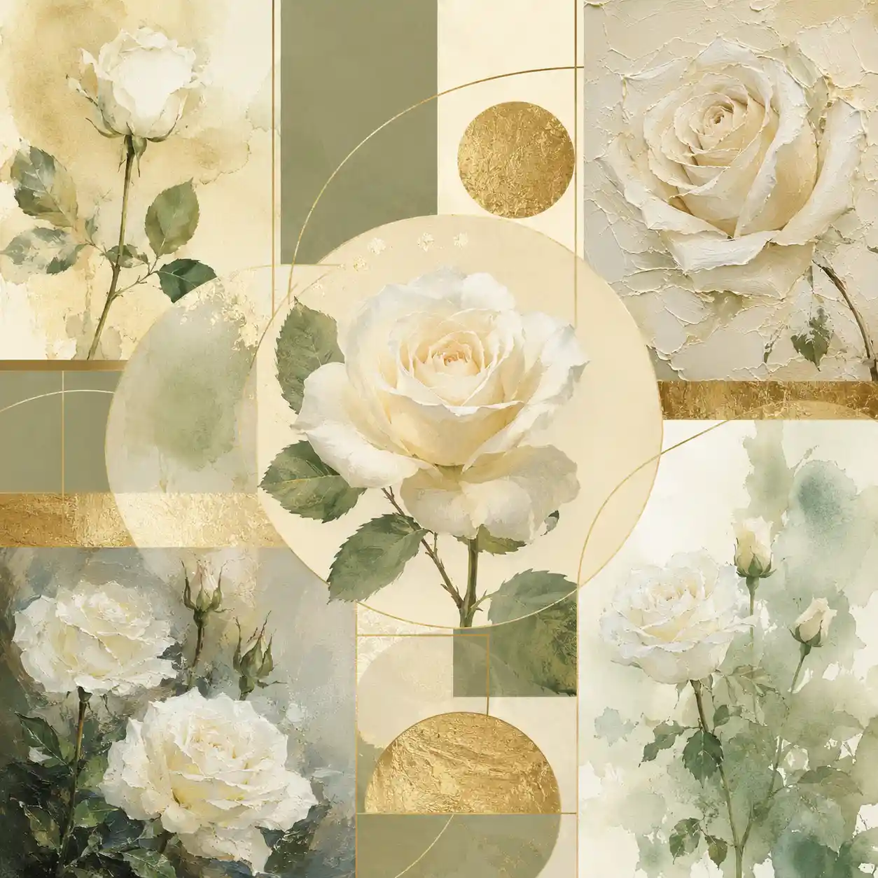 White rose mood board on gold cream and light green