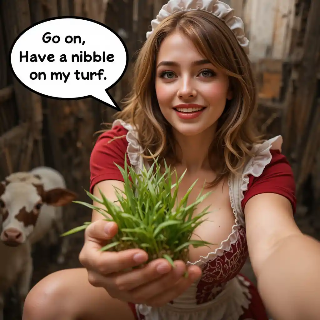 Low angle view of a busty woman offering grass playfully