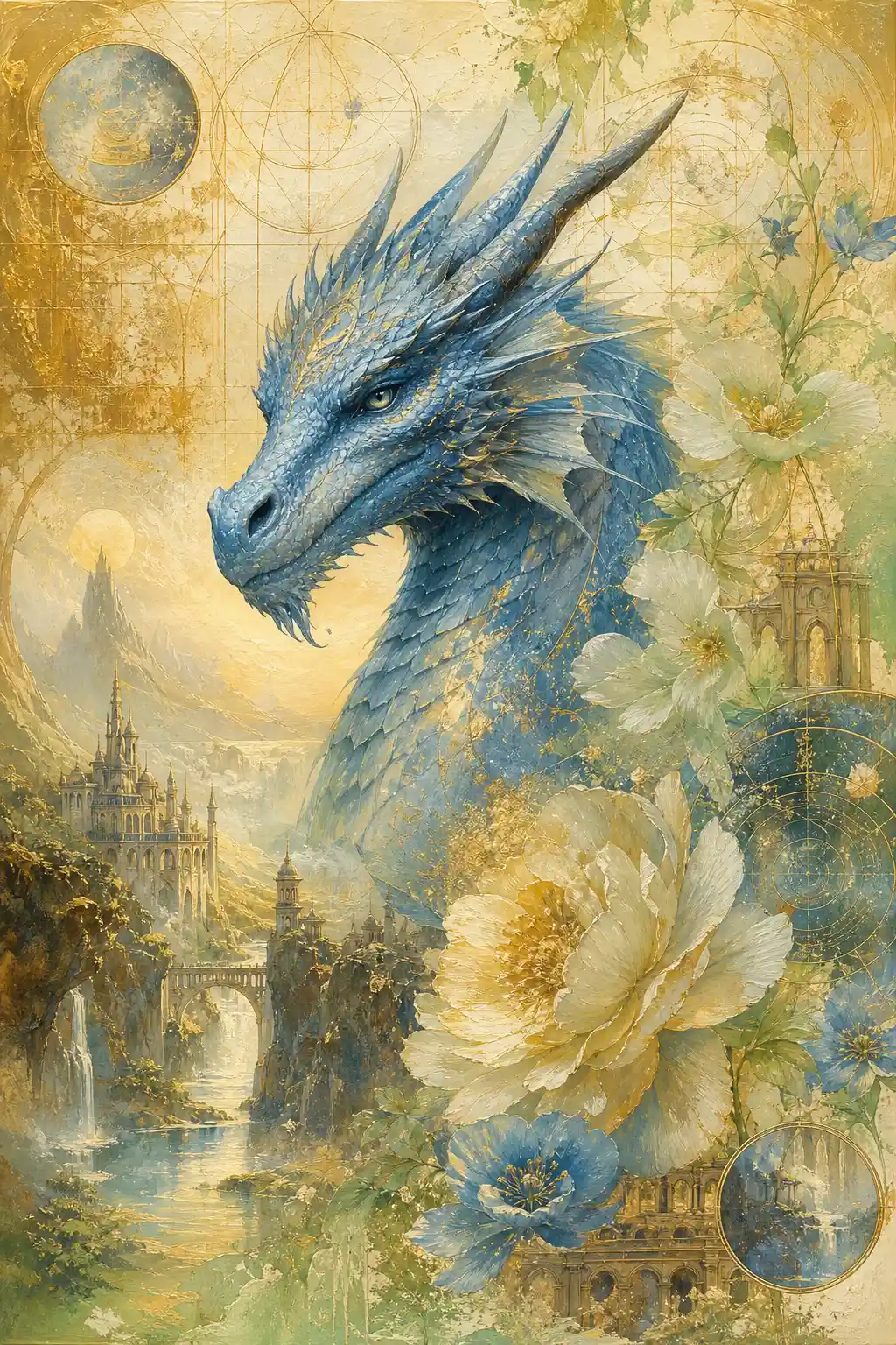 Close up mood board of an azure dragon face