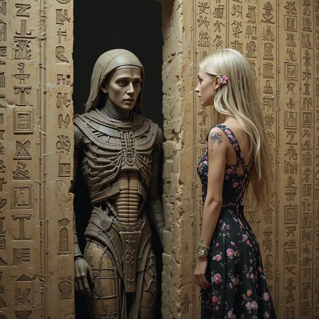 Frightened woman in floral couture before an ancient mummy