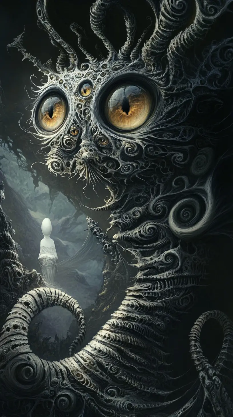 Creatura surreale a strisce che si scinde accanto a figura allungata e calma