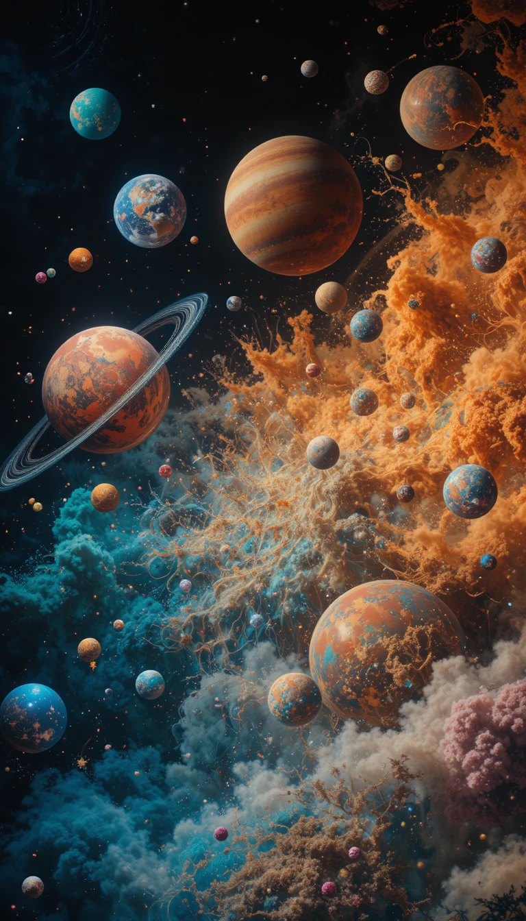 Surreal parade of planets against a dark cosmic background