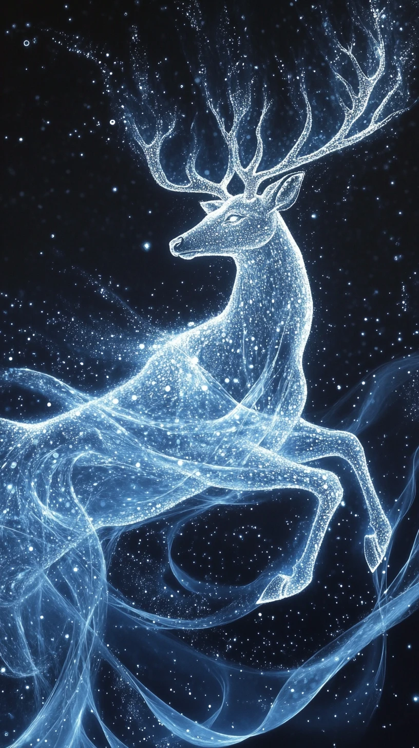 Glowing stag leaping across a surreal moonlit landscape
