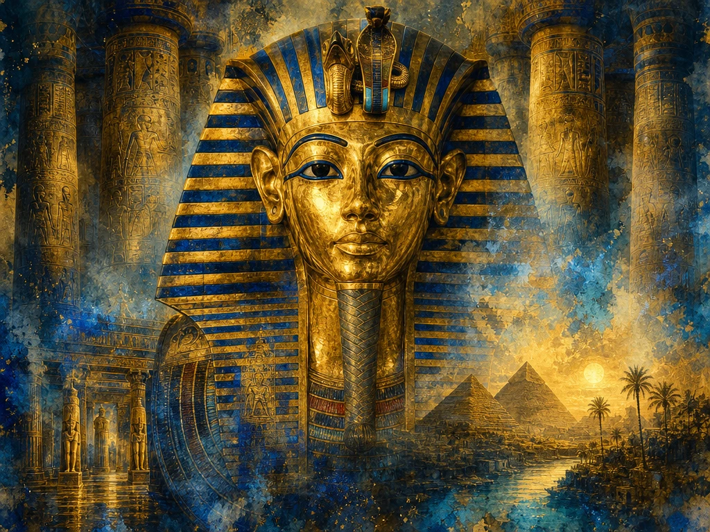 Golden pharaoh death mask in mystical temple atmosphere