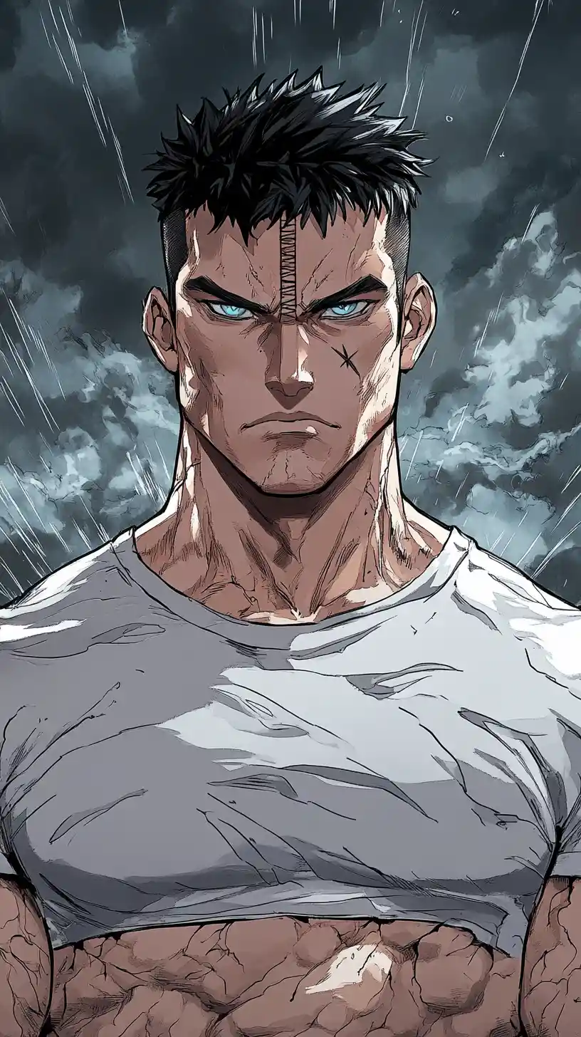 Tall muscular man in dramatic manhwa storm scene