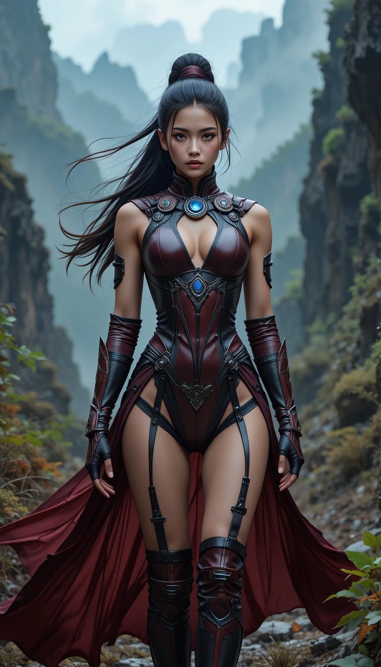 East Asian fantasy warrior woman in mountain canyon armor