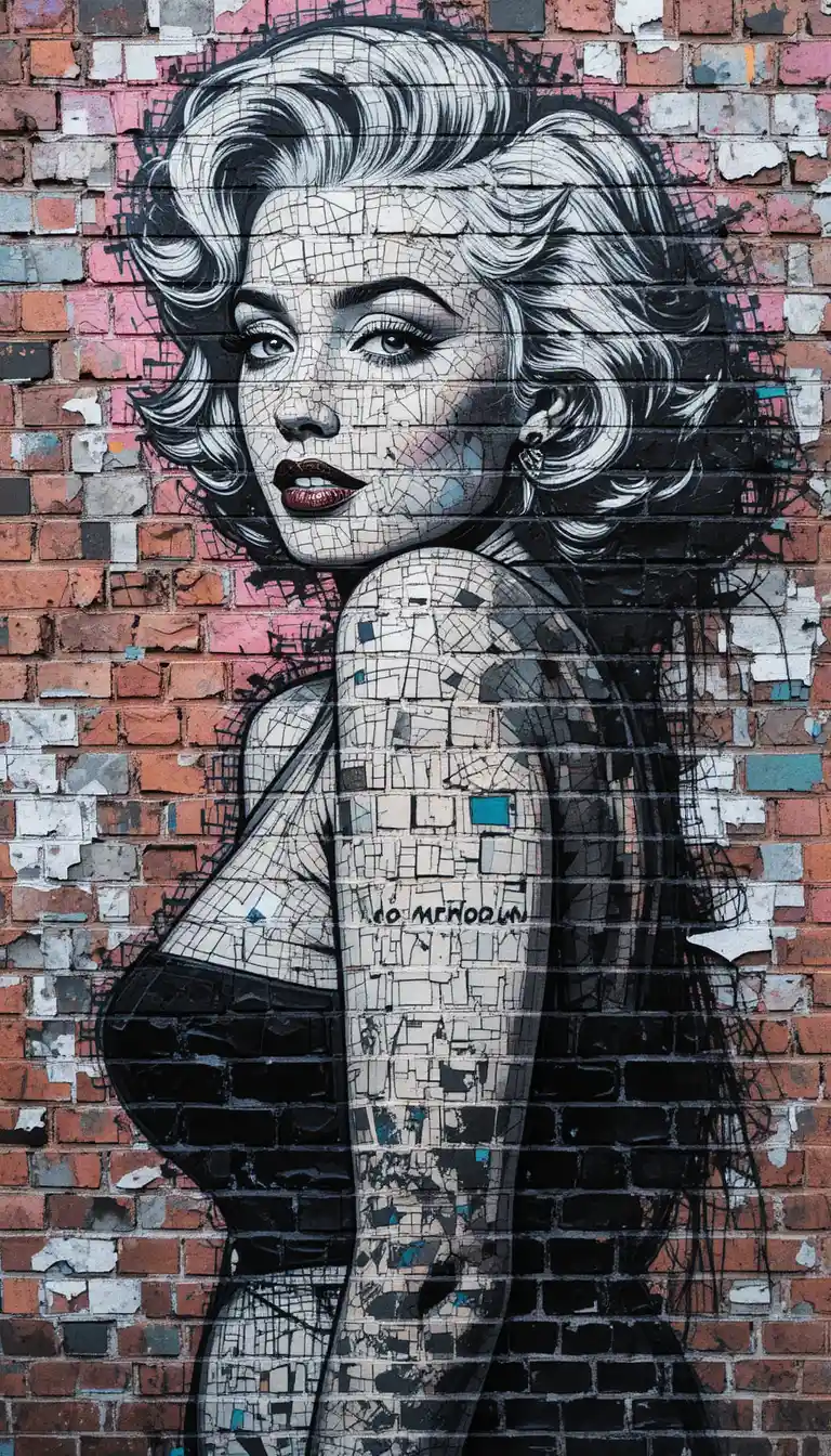 Marilyn Monroe graffiti mosaic on brick wall in pin up pose