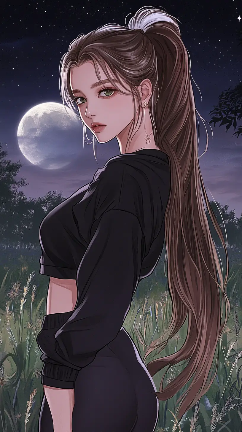 Confident tall woman in a moonlit field at night