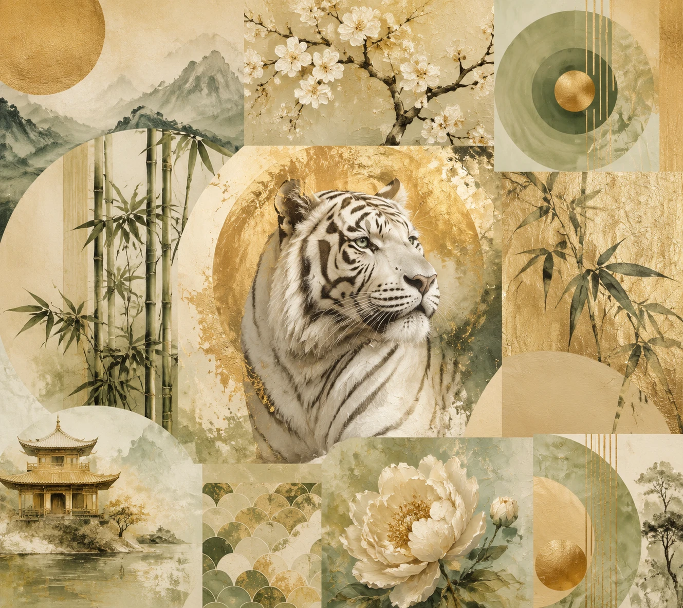 White tiger mood board with bamboo and Asian blossoms