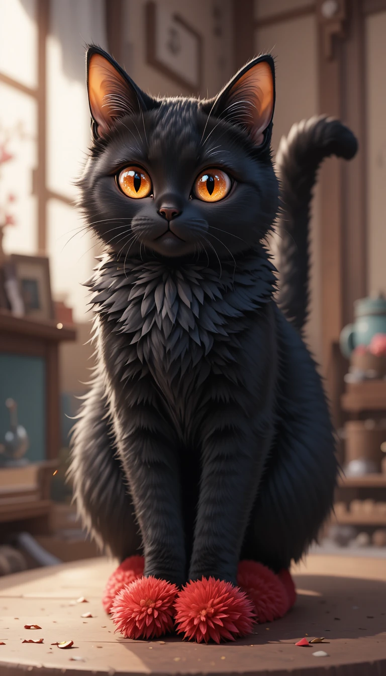 Black anime cat standing upright with bright orange eyes