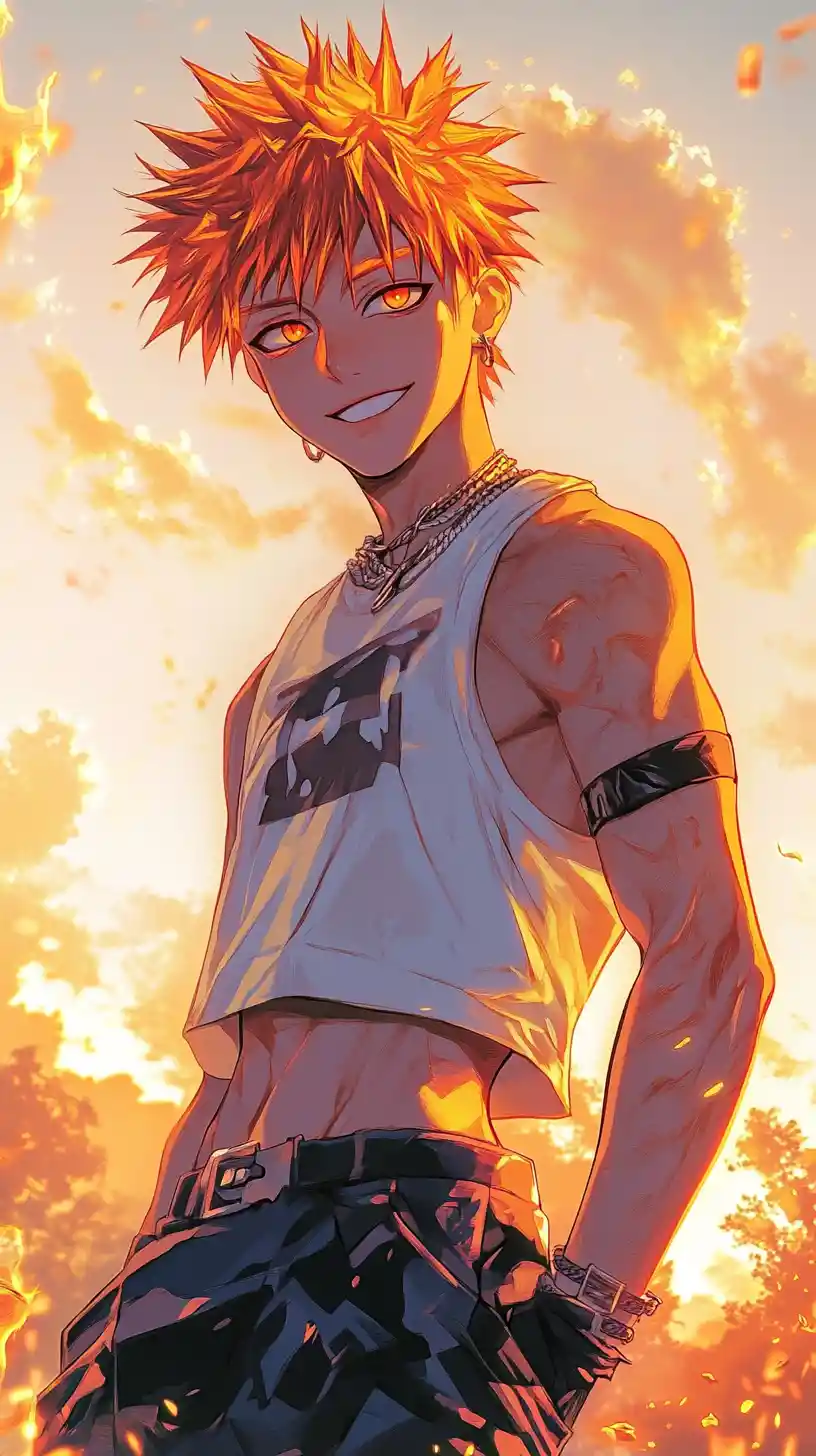 Confident young man in manhwa style at sunset outdoors