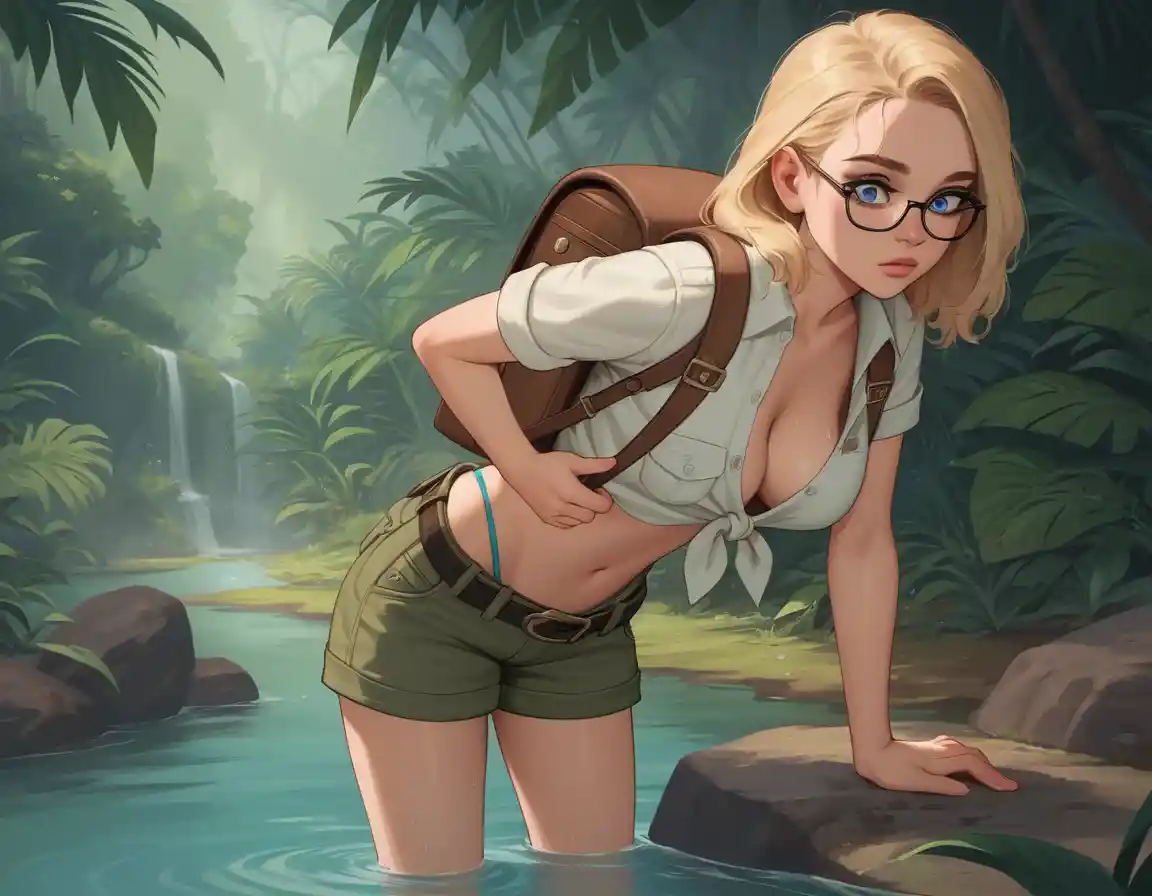Young anthropologist studying water at a jungle river