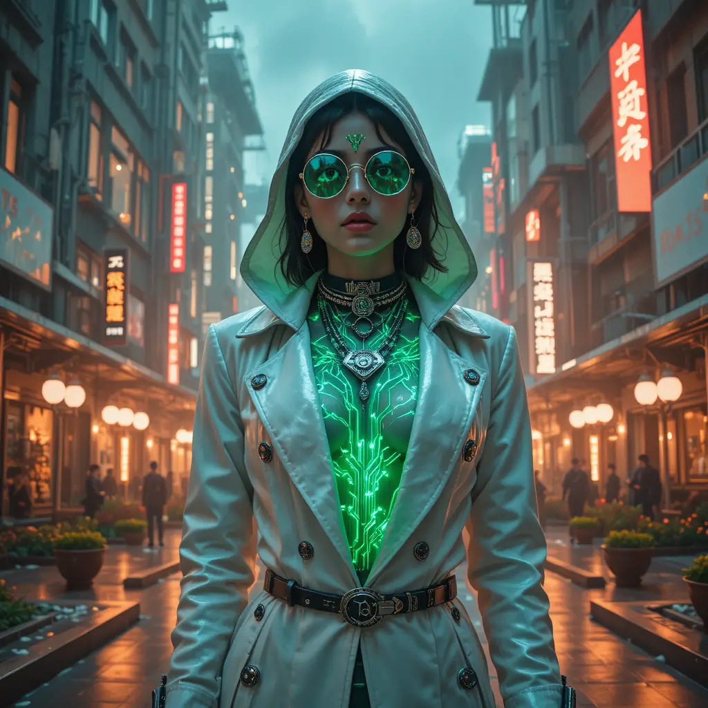 Cyberpunk femme fatale in neon soaked futuristic plaza