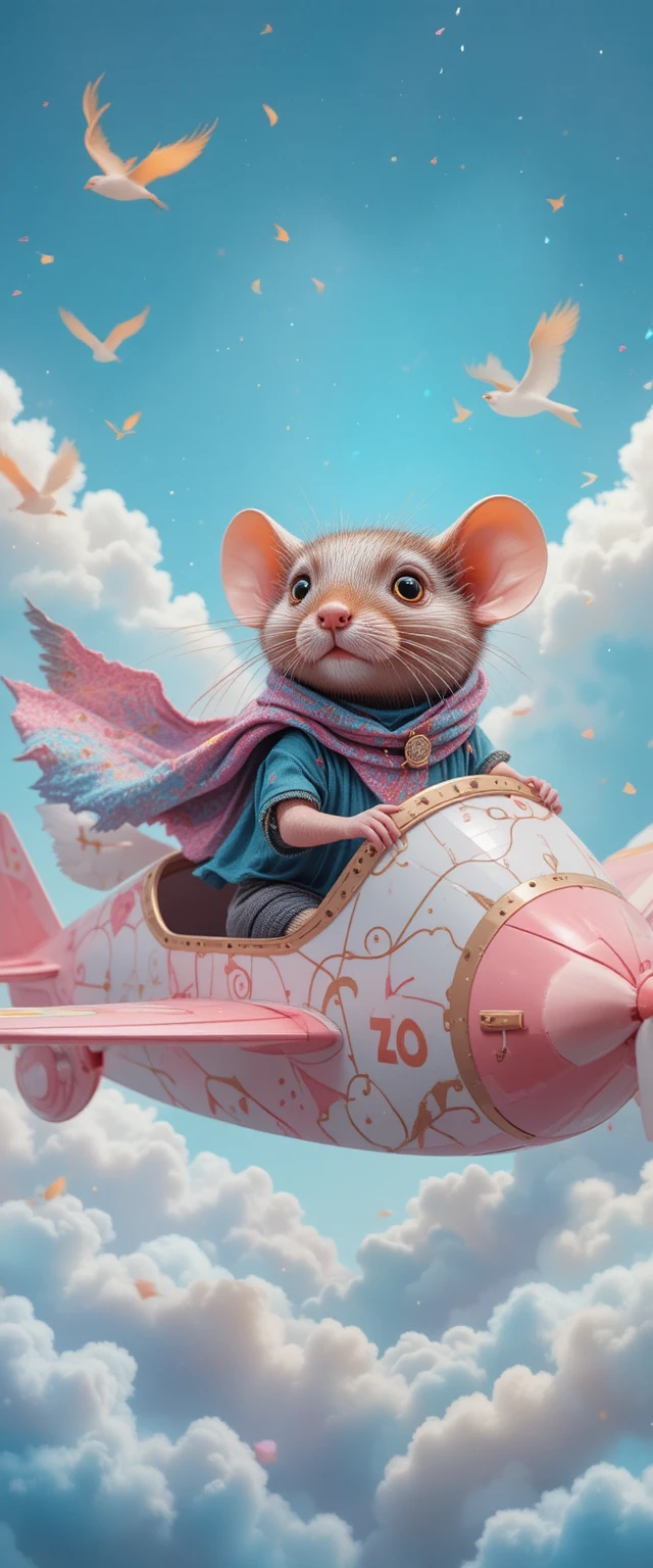 Playful raccoon in a scarf flying on a paper airplane