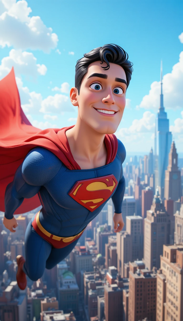 Flying superhero over bright daytime city skyline