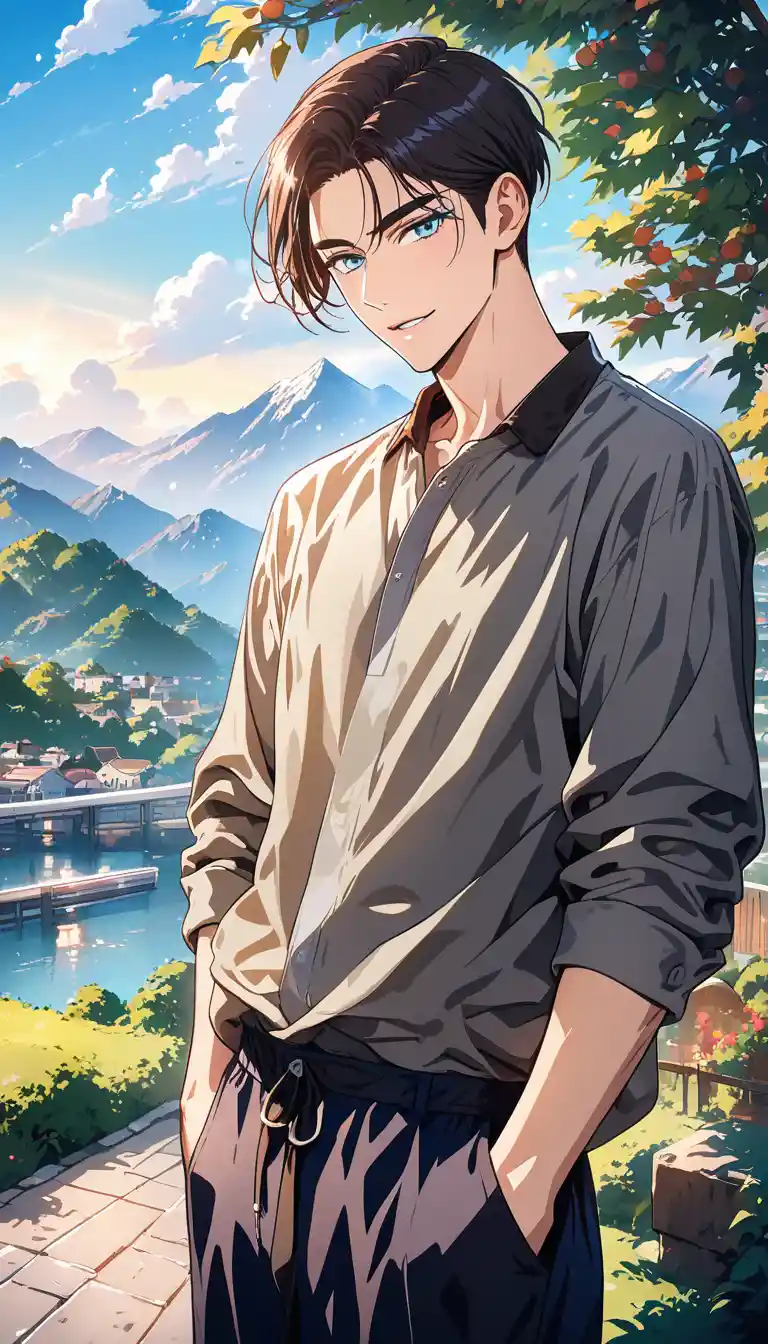 Homem de anime de cabelo azul em noite estrelada nas montanhas