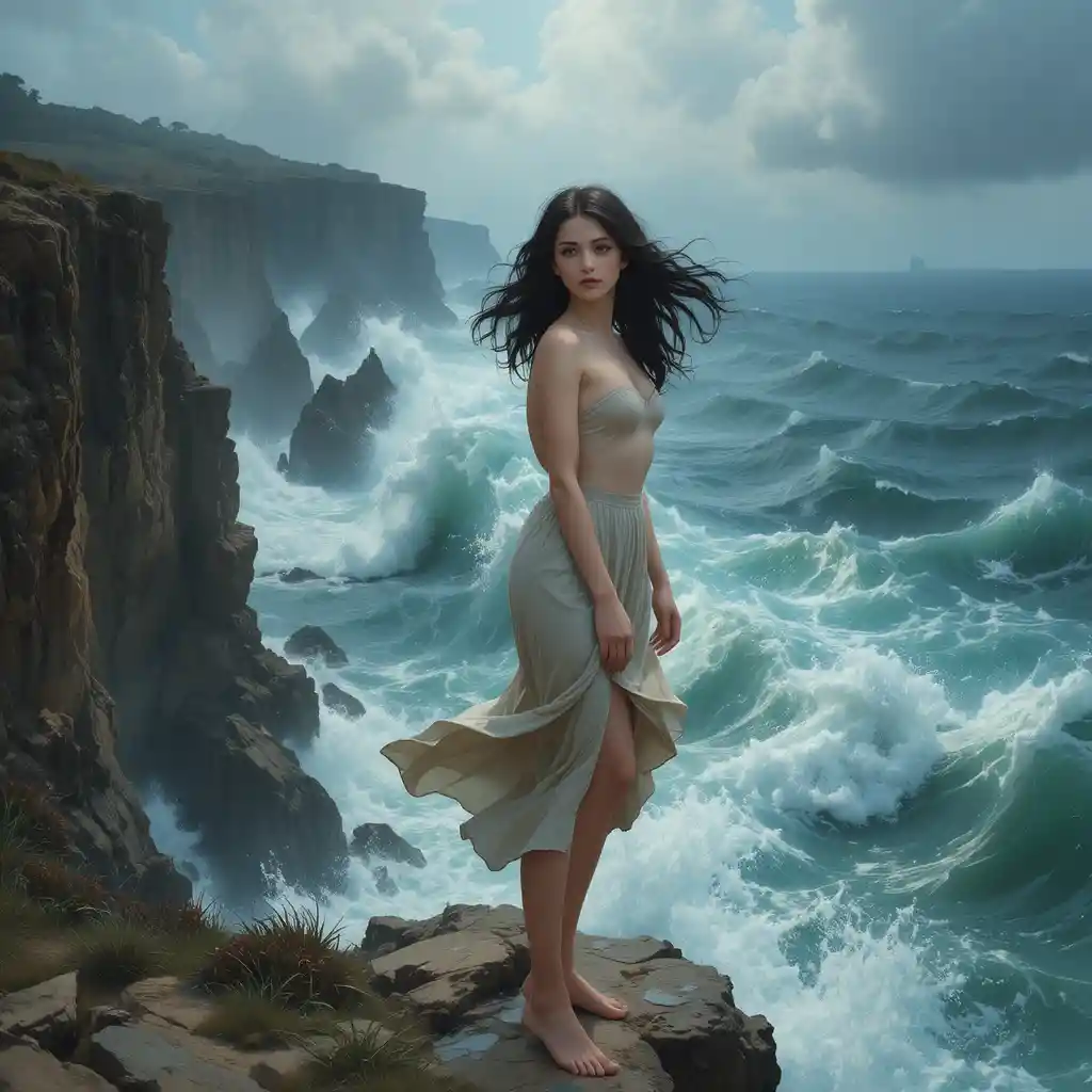 Modern muse on stormy seaside cliff with crashing waves