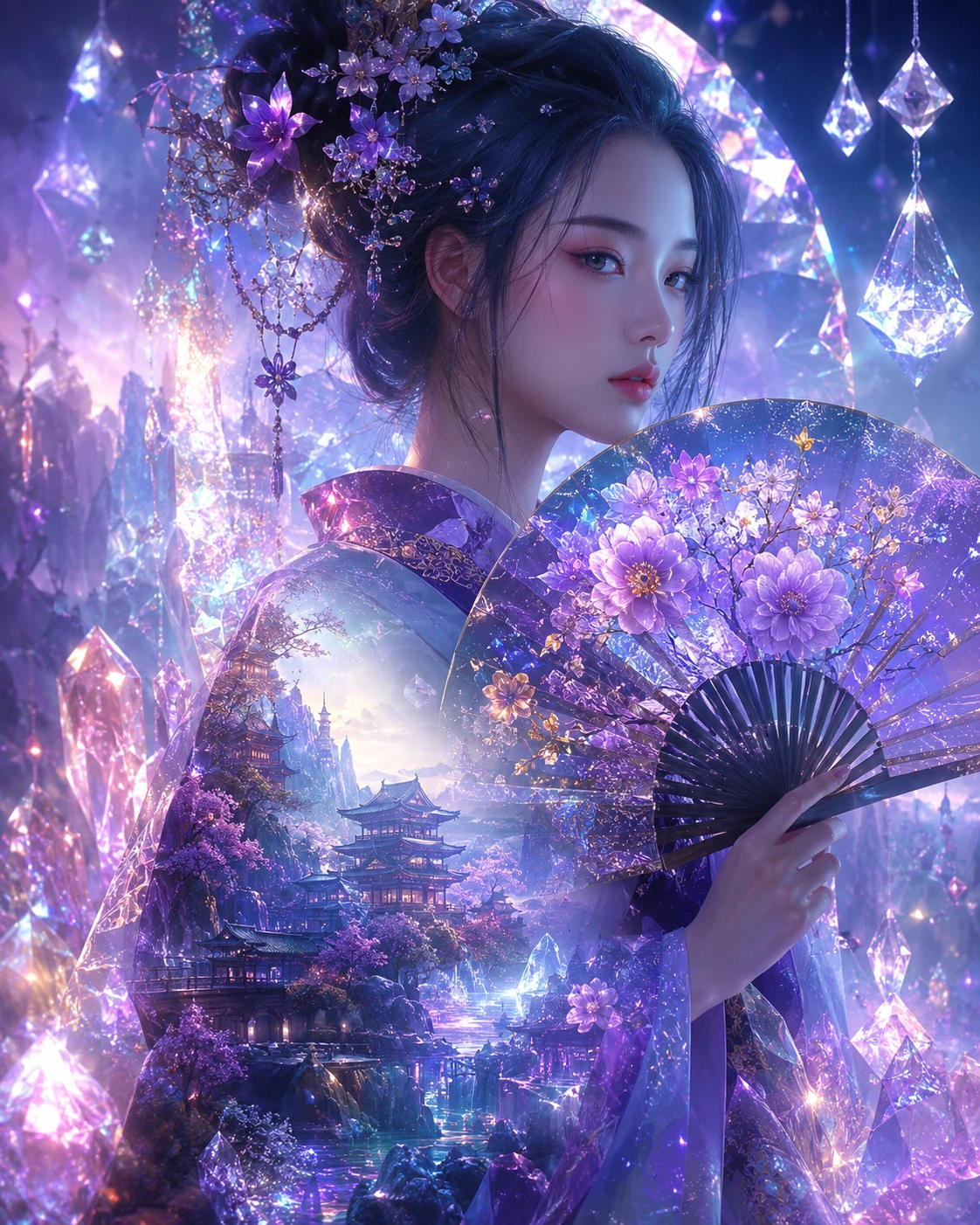 Mystical Japanese woman with floral fan and shining crystals