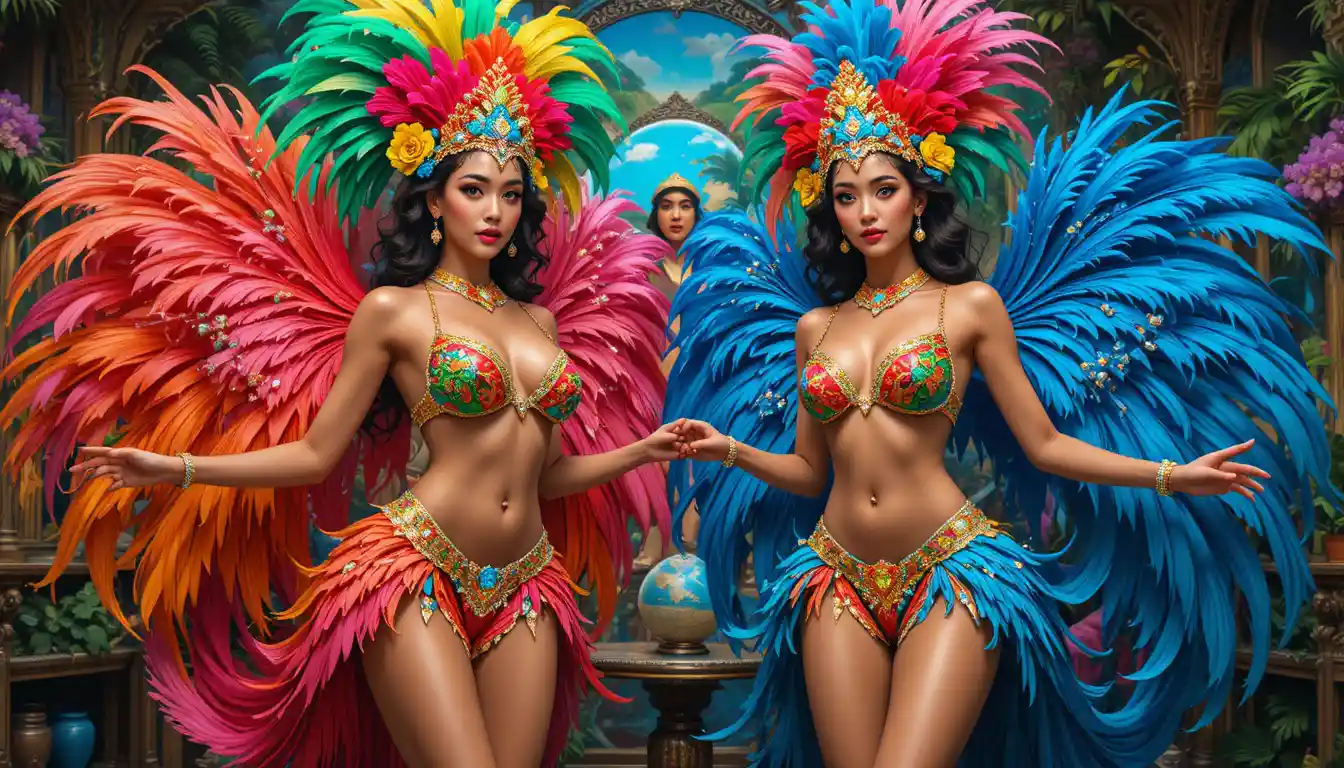 Two carnival dancers in colorful feathered Brazilian costumes