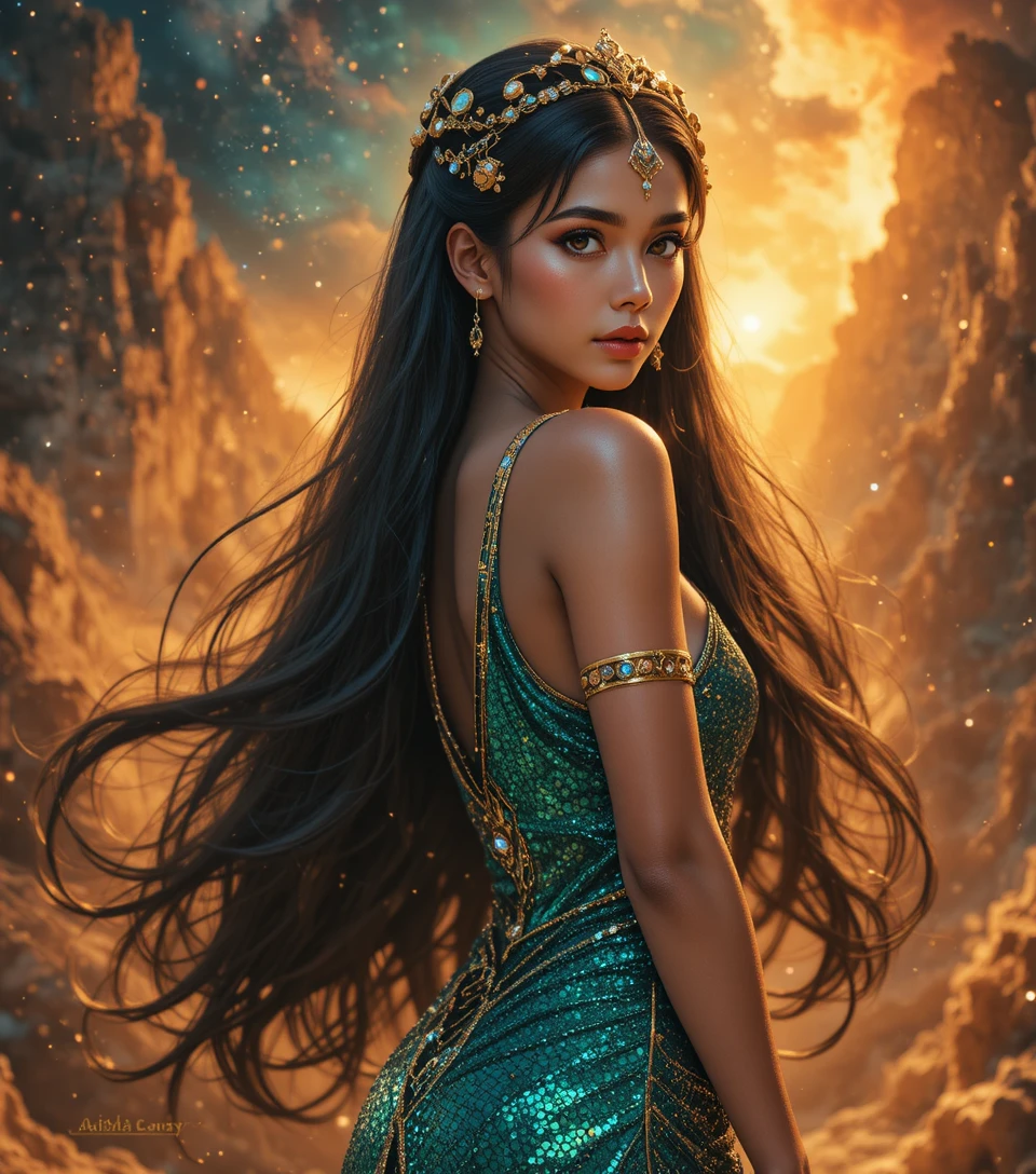 Anime queen portrait with cosmic nebula and glowing eyes