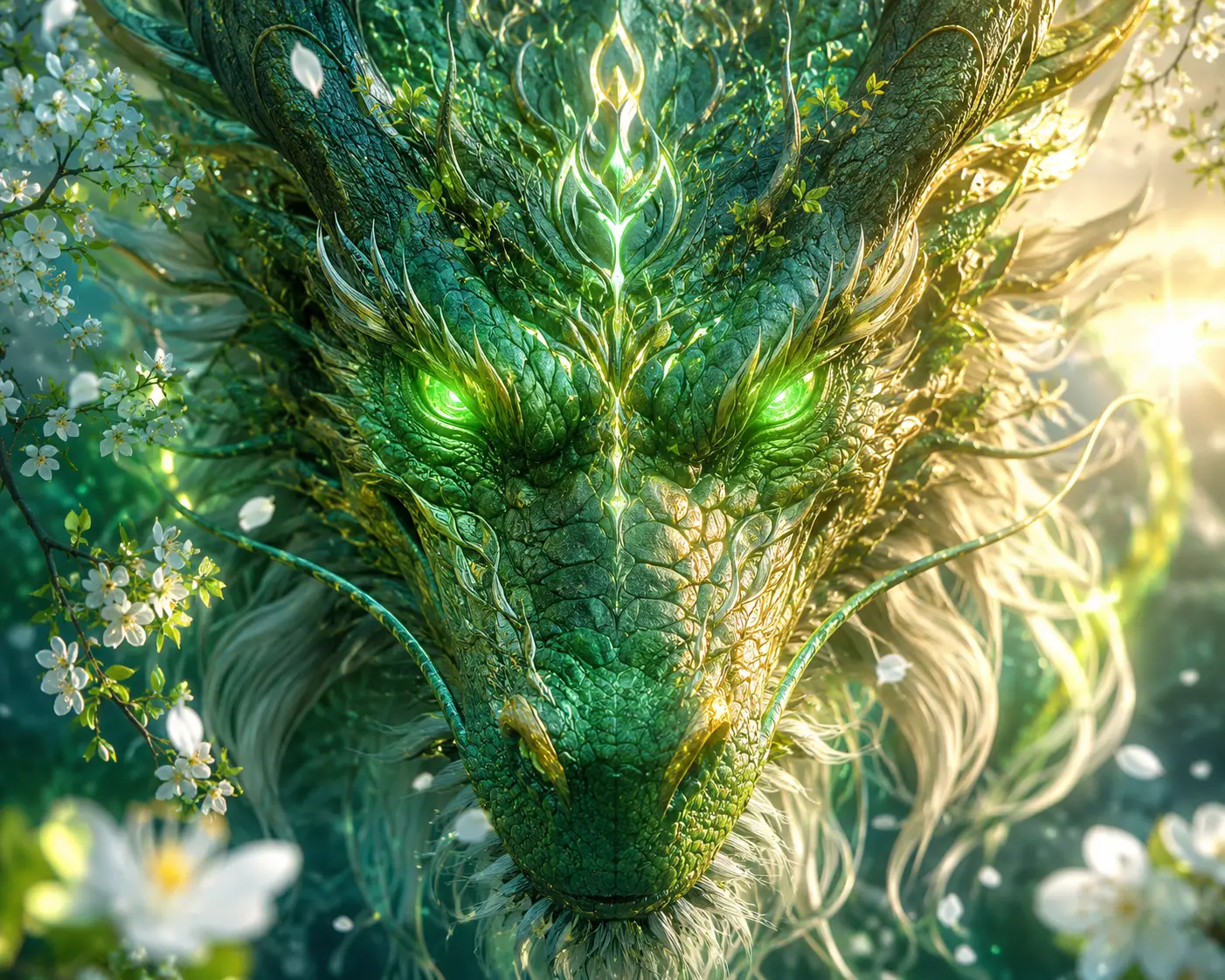 Close up portrait of a green dragon guardian at dawn